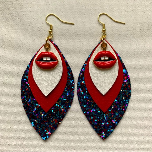 Dynamic Duo Designs Jewelry - 🎉 Host Pick 🎉 Lips 👄 Charm earrings with blue glitter & red and white vinyl